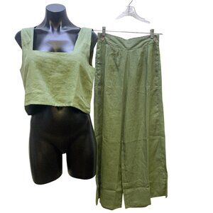 Free The Label Green Linen Crop Top & Wide-Leg Pants Set, Size Medium